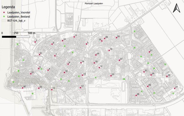 Een afbeelding van de kaart met Urk, alle voorgestelde laadpaallocaties zijn genummerd en corresponderen met de locaties hierboven genoemd. 