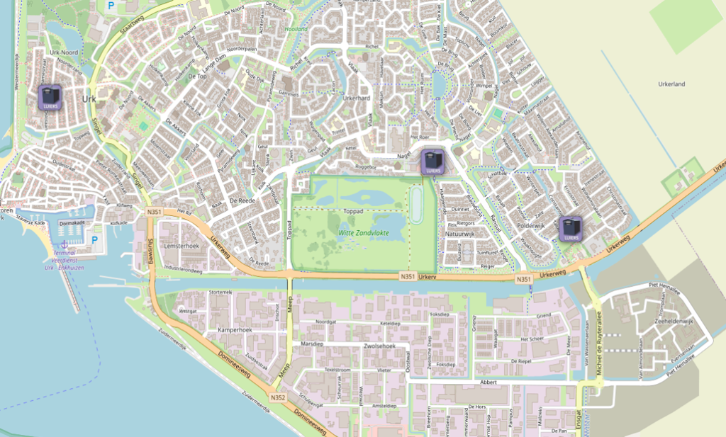 Plattegrond van Urk met locaties van de luiercontainers, zoals hierboven beschreven