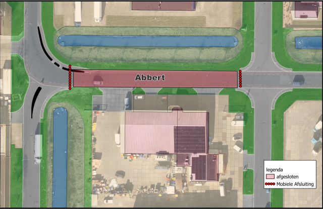 Plattegrond met de straat Abbert te Urk waar een afsluiting te zien is in verband met werkzaamheden aan het riool