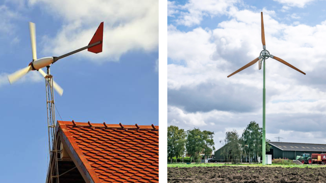 Linkerfoto bevat een rood dak met een kleine windmolen en de rechterfoto vertoont een windmolen op een stuk land