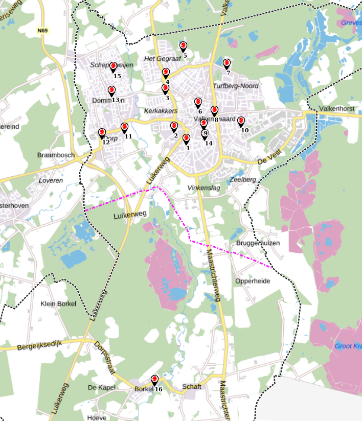 Plattegrond van Valkenswaard met de locaties van alle stembureaus van de gemeenteraadsverkiezingen