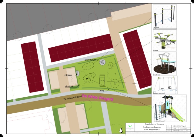 Bovenaanzicht van het conceptontwerp voor speelplek De Wilde Wingerd, met een groene speelzone, speeltoestellen en zitgelegenheid tussen paden en woonblokken.