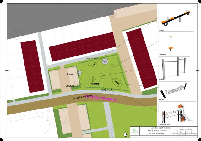 Bovenaanzicht van het conceptontwerp voor speelplek De Wilde Wingerd, met een groene speelzone, speeltoestellen en zitgelegenheid tussen paden en woonblokken.
