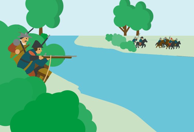 Illustratieve voorstelling van de Boomgracht als middeleeuwse landweer: een brede watergracht omgeven door dicht struikgewas en bomen. Links verschuilen gewapende verdedigers zich in het groen langs de gracht, terwijl aan de overzijde ruiters door het open landschap naderen. De afbeelding verbeeldt de Boomgracht als verdedigingslinie en waterweg in het historische landschap rond Valkenswaard. Geef uw feedback over BizChat