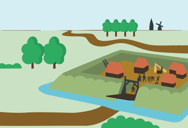 llustratieve reconstructie van de Schanse van Weerde: een omgrachte verdedigingsschans met hoge aarden wallen, houten toegangspoort en brug, enkele eenvoudige huisjes binnen de wallen en mensen in de schans. De schans ligt in een groen, drassig landschap met bomen, een kronkelende weg en water rondom.