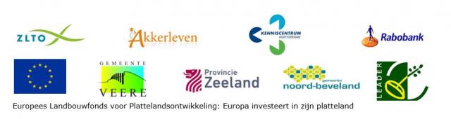 Logo's van ZLTO, Akkerleven, Kenniscentrum Kusttoerisme, Rabobank, Europees Landbouwfonds voor Plattelandsontwikkeling, gemeente Veere, Provincie Zeeland, gemeente Noord-Beveland, Leader