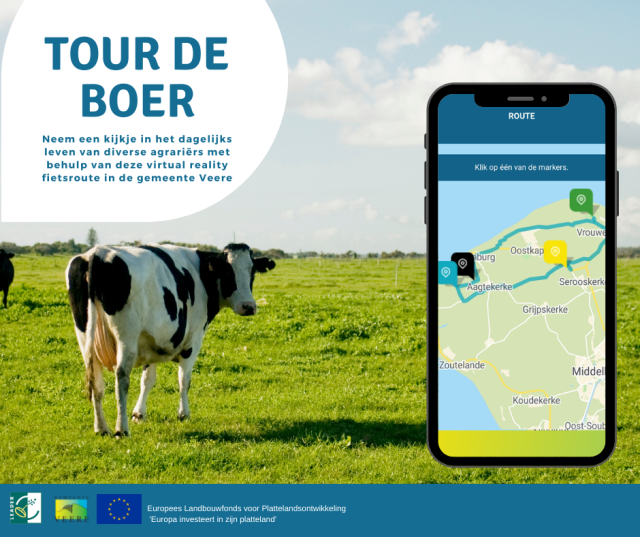 Tour de Boer. De geschreven tekst staat in het onderschrift. Logo's van Leader, gemeente Veere en Europees Landbouwfonds voor Plattelandsontwikkeling.