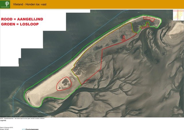 Plattegrond van Vlieland waarop staat aangegeven waar honden aan de lijn moeten