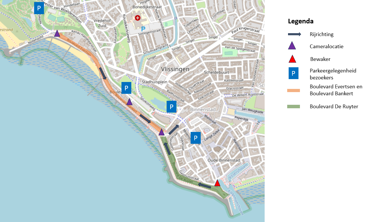 Kaart van boulevards van Vlissingen met locaties van camera's, parkeergelegenheid voor bezoekers en hek met bewakers. De uitgebreide toelichting vindt u in de tekst op deze webpagina.