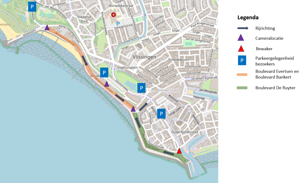 Kaart van boulevards van Vlissingen met locaties van camera's, parkeergelegenheid voor bezoekers en hek met bewakers. De uitgebreide toelichting vindt u in de tekst op deze webpagina.