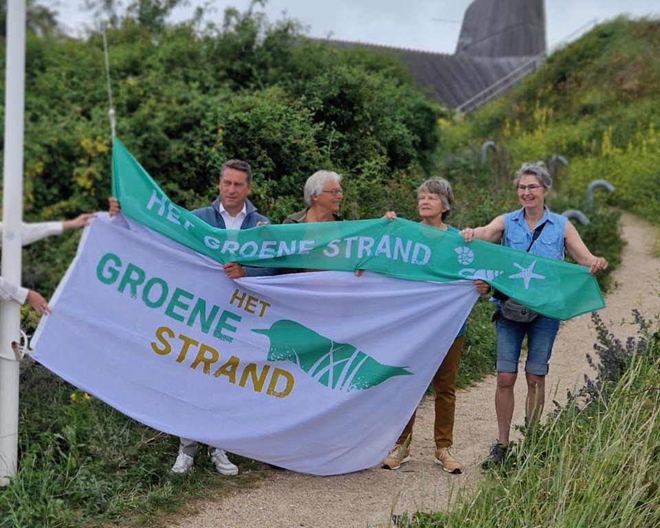 Wethouder Aart Jan Spoon van gemeente Voorne aan Zee hijst de Groene Strand Wimpel samen met vrijwilligers uit de strandcommunity.