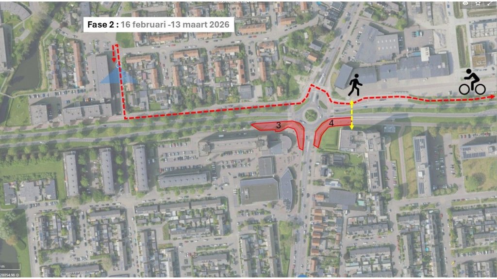 Kaart van de rotonde met tijdelijke afsluitingen en omleidingen in fase 2