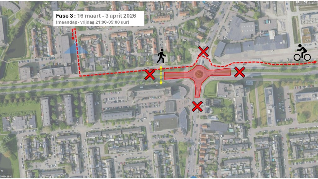 Map the roundabout with temporary closures and diversions in phase 3.