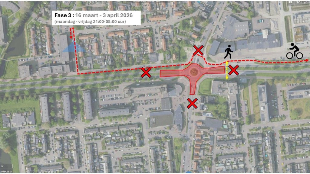 Kaart van de rotonde met tijdelijke afsluitingen en omleidingen in fase 3