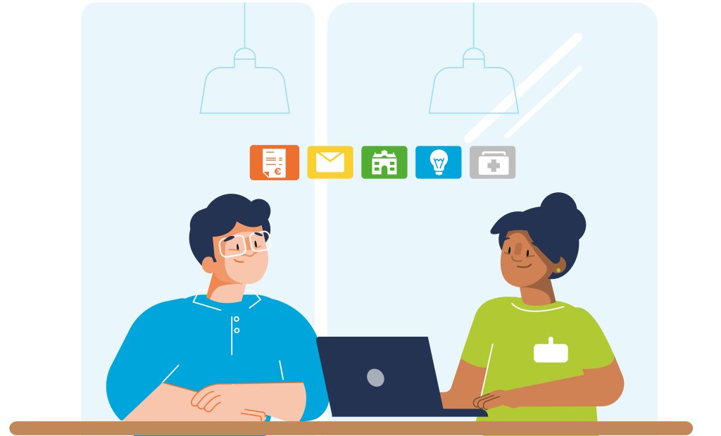 Illustratie van een inwoner en een adviseur achter een laptop