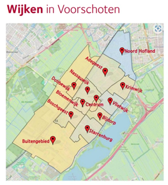 De afbeelding toont elk van de 12 wijken in de gemeente Voorschoten.
