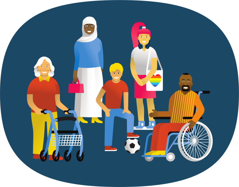 Illustratie van een groep inwoners van Maassluis: jong en oud, met en zonder beperking