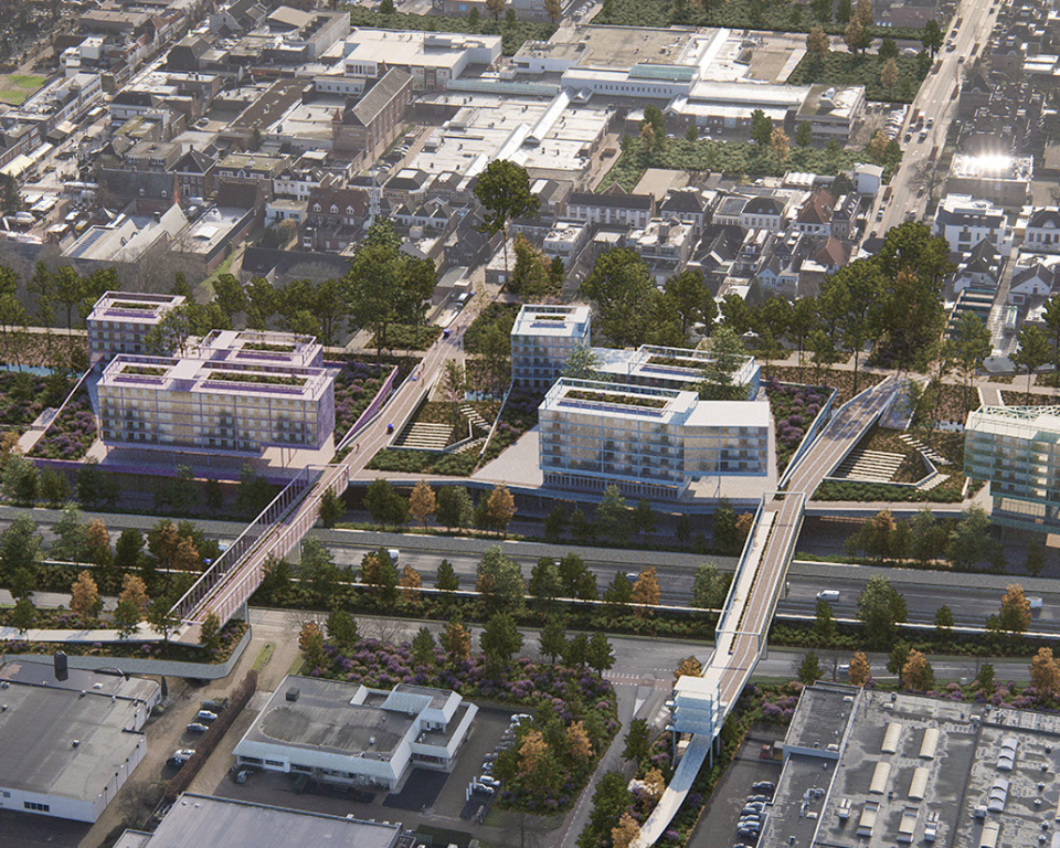 Een overzichtsfoto van hoe het parkeerterrein aan de Taxandriaweg in Waalwijk er in de toekomst uit kan zien volgens de Europan prijsvraagwinnaar.