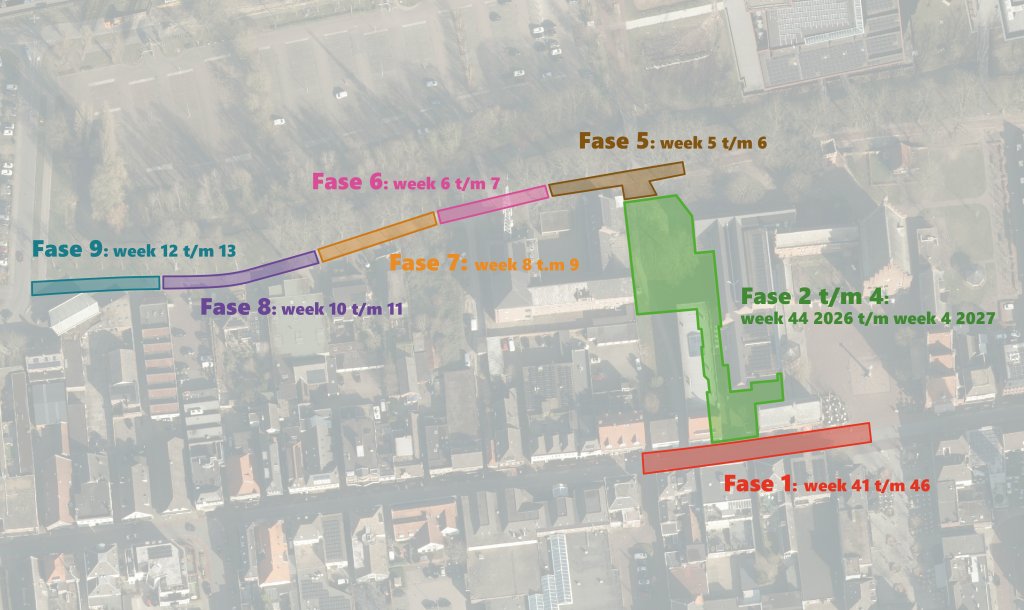 Een plattegrond van de Winterdijk en omgeving. Op de kaart is te zien wanneer aan welk stuk van de straat wordt gewerkt.
