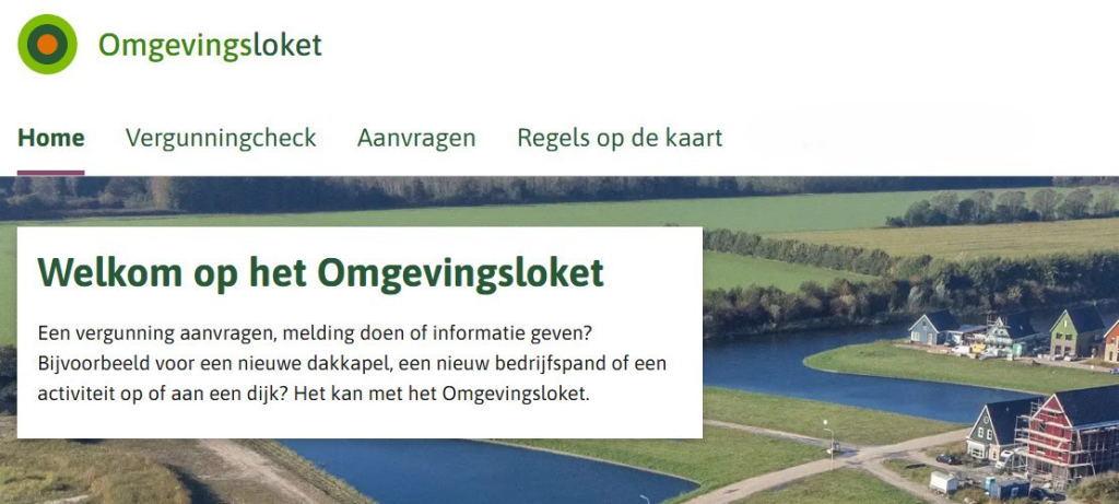 Afbeelding van de menu-items op de website Omgevingsloket. De items Home, Vergunningscheck, Aanvragen en Regels op de kaart worden onder de afbeelding nader uitgelegd.