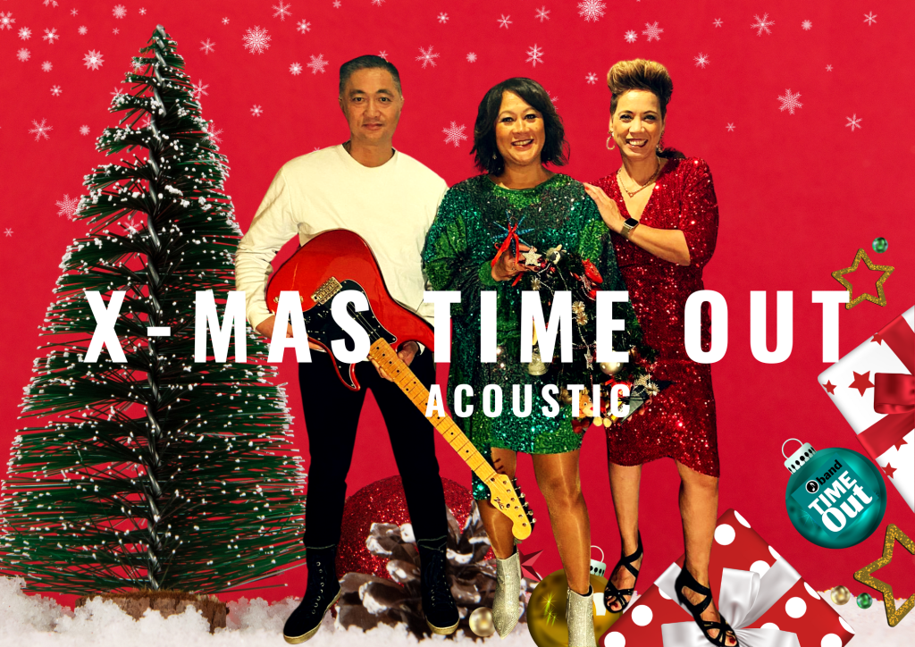 Kerstafbeelding van de band Acoustic Time out met daarop de tekst: X-mas time out Acoustic