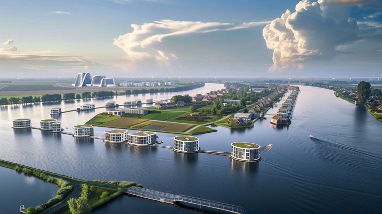 Futuristische huizen rondom een eiland in de rivier