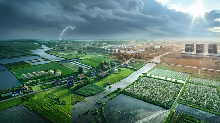 Landschap met donderwolken en zon. Bebouwing en boerenland. Droogte en veel water.