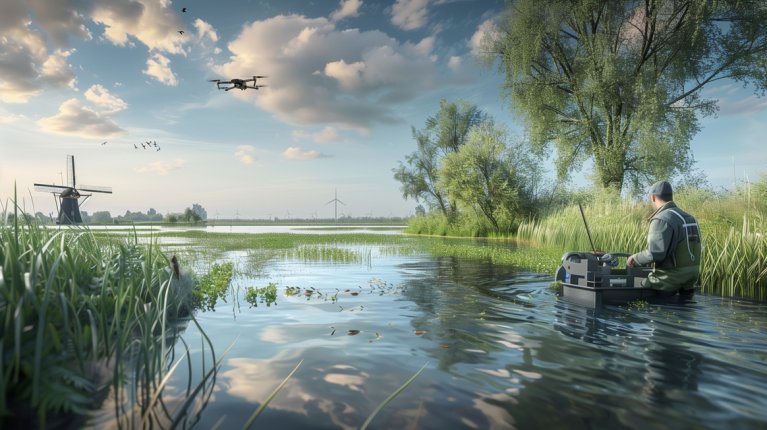Nat natuurgebied met een molen op de achtergrond en een man met een drone op de voorgrond.