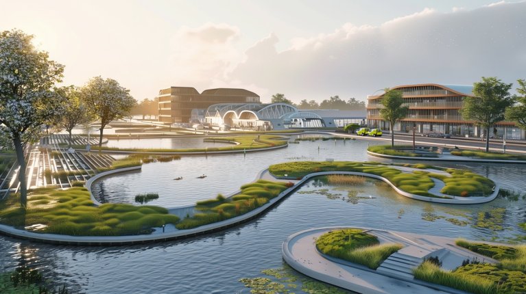 Futuristisch woonlandschap met water, kronkelende paden en grote woontorens.