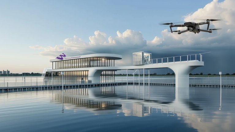 Futuristisch gemaal met een drone op de voorgrond