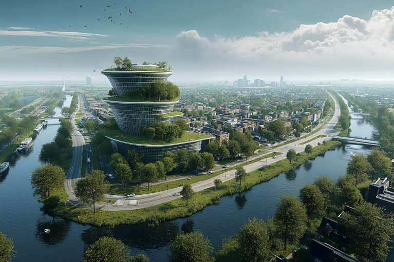 Futuristische woontoren met veel groen en water eromheen.
