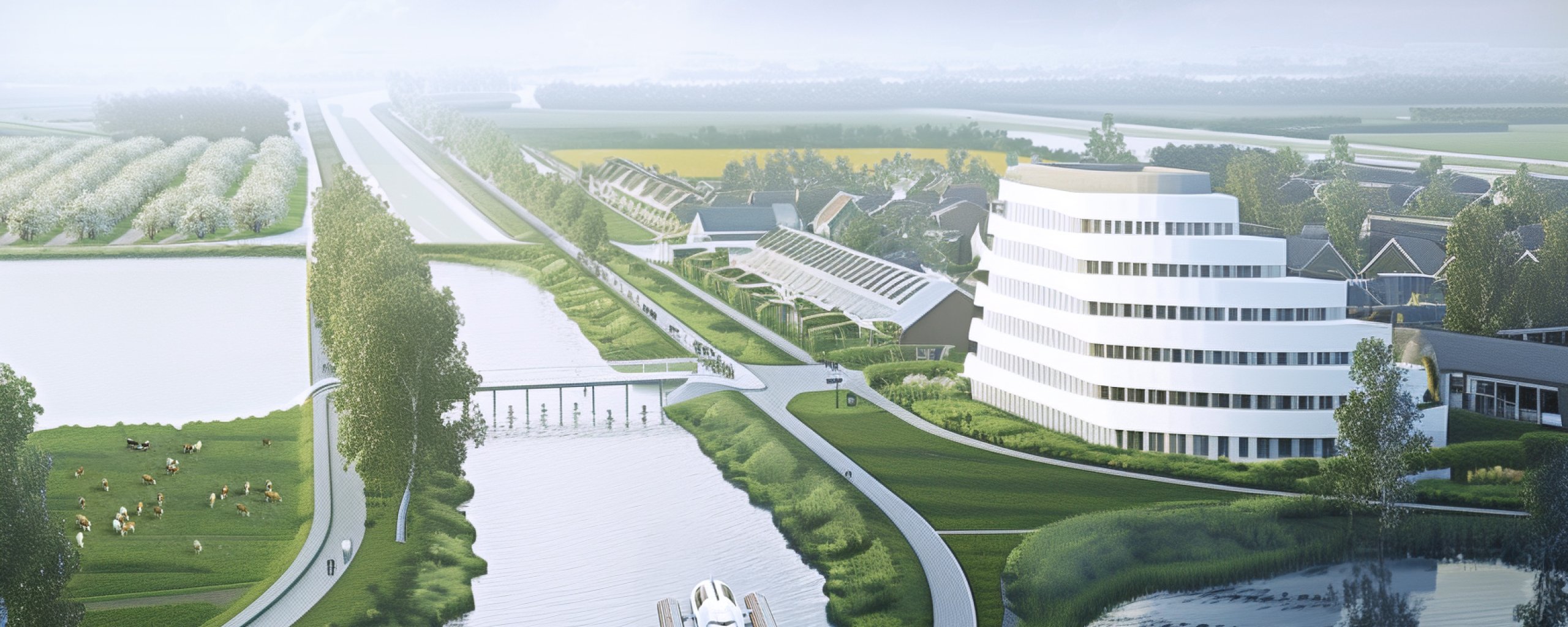 Futuristisch landschap met water, boot en groot gebouw.