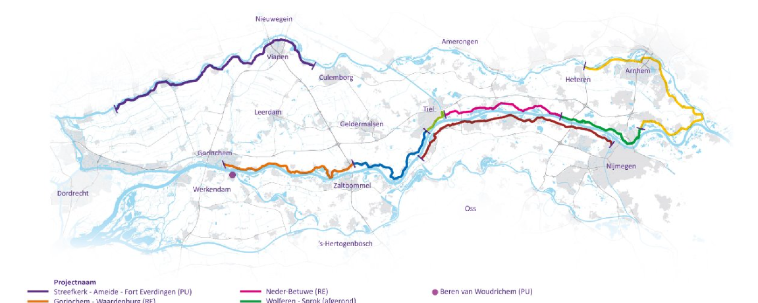 kaart met dijkversterkingsprojecten HWBP