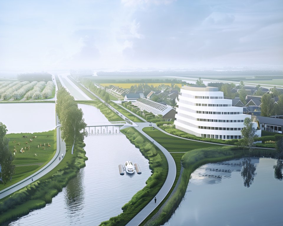 Futuristisch landschap met water, boot en groot gebouw.