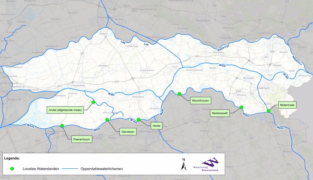 Kaart locaties waterstanden Maas