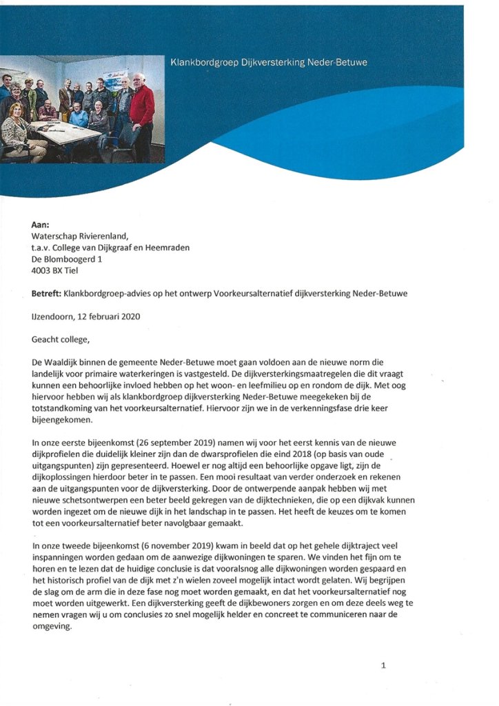 Pagina 1 van het advies: wilt u de tekst, stuur een e-mail naar info@dijkversterkingnederbetuwe.nl
