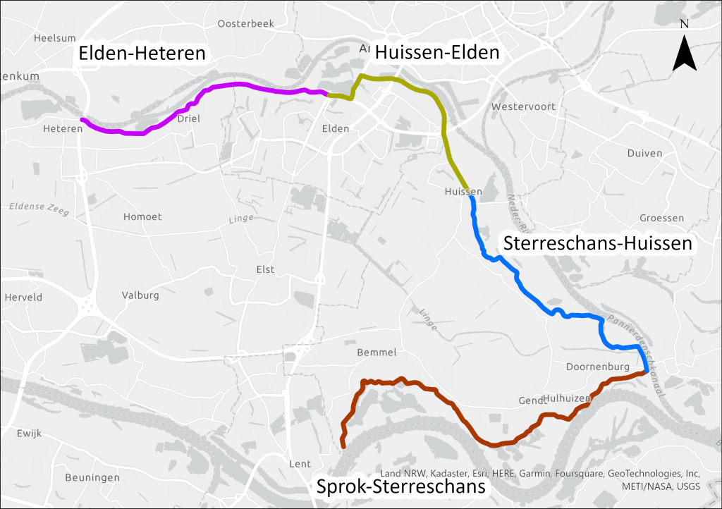 Kaartje met de 4 deeltrajecten