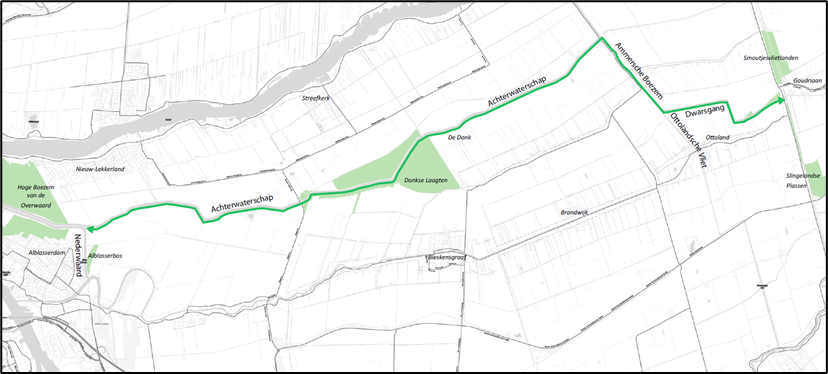 Kaartje met weergave Ecologische Verbindingszone vanaf de Hoge Boezem bij Kinderdijk aan de zuidzijde van het Achterwaterschap, langs de Ammerse Boezem en de Dwarsgang naar Smoutjesvliet.  