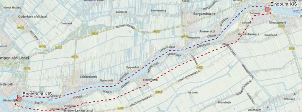 Kaart waarop gebied dijkversterking KIS wordt aangegeven: het beginpunt van KIS is bij Kinderdijk. Het voormalige dijkversterkingstraject ligt langs de Lekdijk richting het Oosten via Streefkerk en Groot-Ammers tot aan Nieuwpoort.
