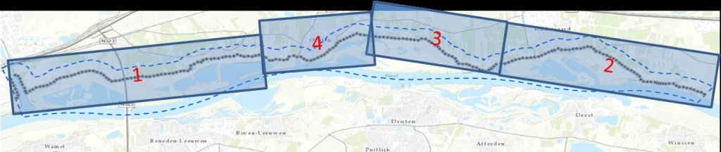 Kaartje met de vier deeltrajecten: 1, 4, 3, 2