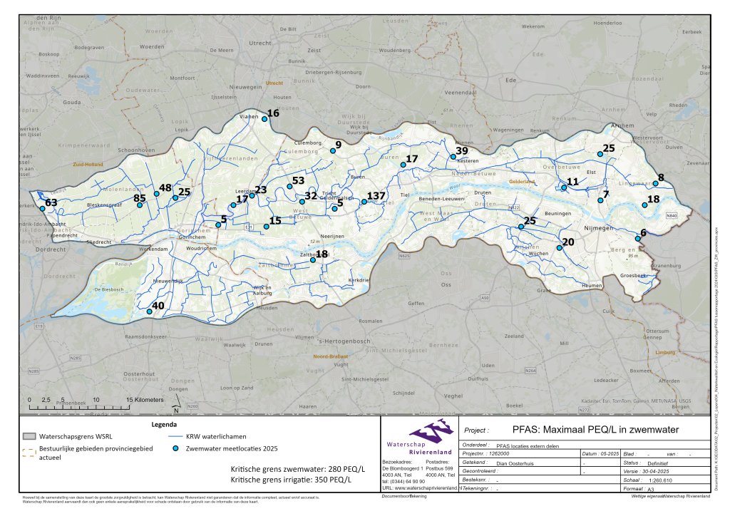 kaart PFAS-waarden zwemwater 2025