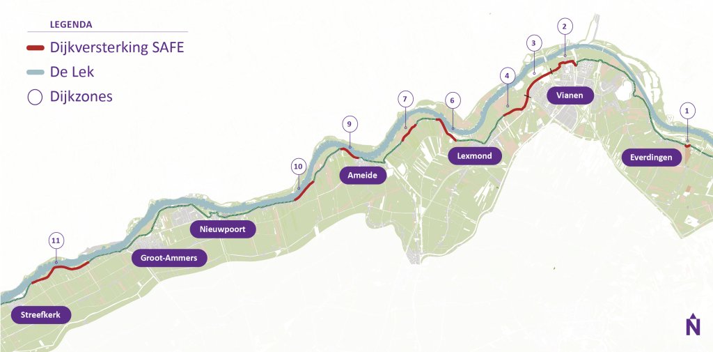 Kaart met SAFE-traject langs de Lekdijk van Streefkerk naar Fort-Everdingen.