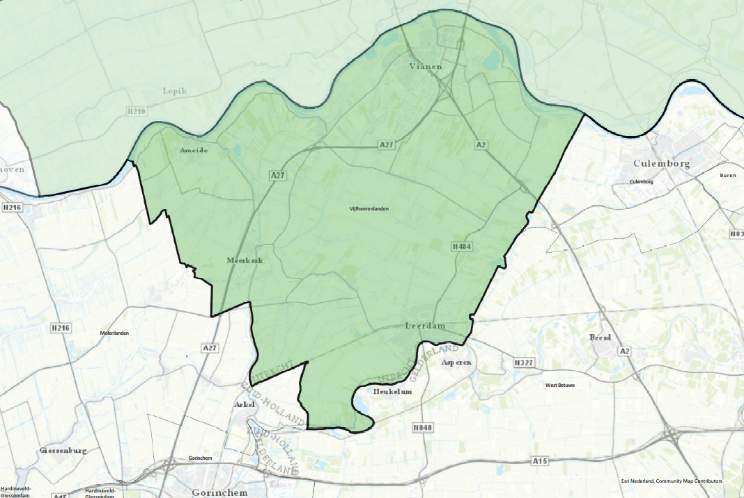 Kaart Vijfheerenlanden. Het gebied loopt van Ameide en Vianen in het noorden tot Meerkerk, Heukelem en Leerdam in het zuiden.