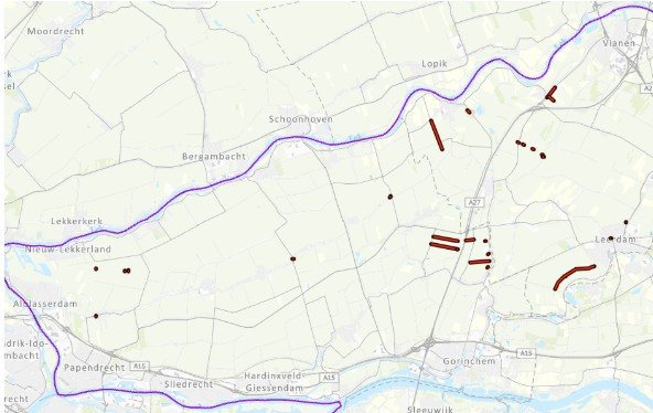 Kaart van het gebied met puntjes in het westen van het beheergebied van Waterschap Rivierenland waar de maatregelen plaatsvinden,