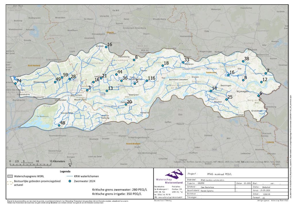 kaart rivierengebied officiële zwemplassen met pfas waarden onder de zwemadvieswaarden