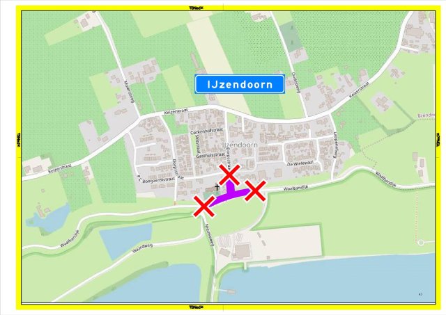Kaartje waarop de afsluiting van de kruising Dorpsstraat - Waalbandijk staat aangegeven.