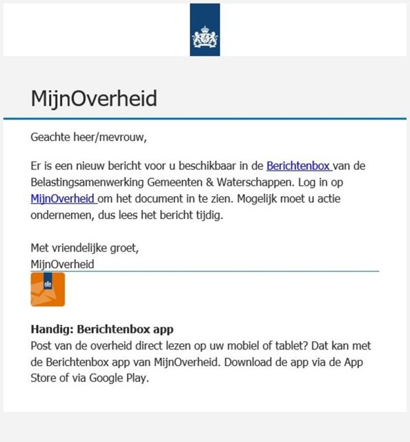 Voorbeeld phishing mail van MijnOverheid waarin linkjes staan naar bijvoorbeeld Berichtenbox