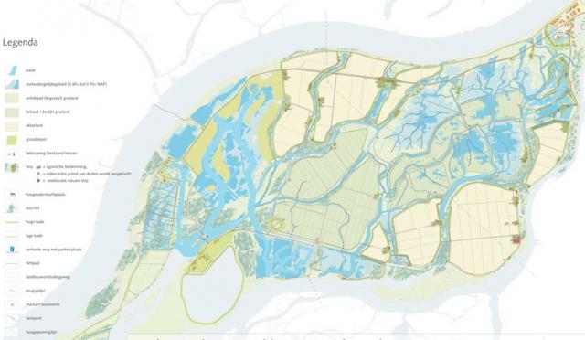 Kaart van de Biesbosch en de ontpolderde Noordwaard.