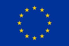 Logo Europese Unie met blauw vierkant met 12 gele sterren.
