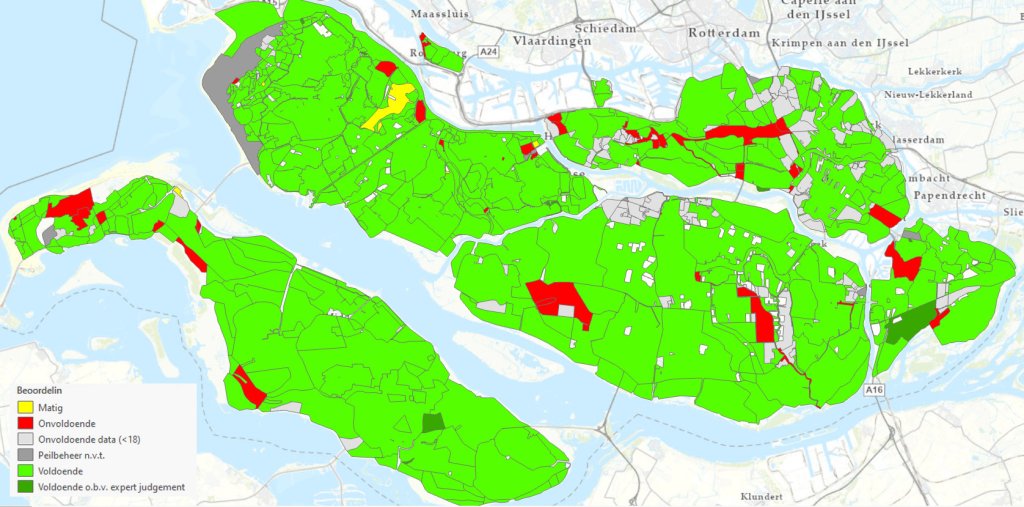 De kaart laat zien welke peilgebieden wel en niet voldoen aan het peilbesluit